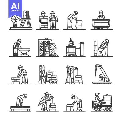 Aset desain premium: Construction Workers and Equipment in Line Art Style.