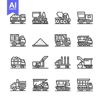Aset desain premium: Construction Vehicles and Equipment Line Art Icons.
