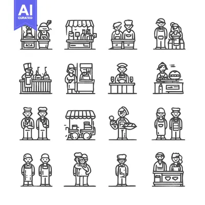 Aset desain premium: Line Art Illustrations of Food Vendors and Customers.