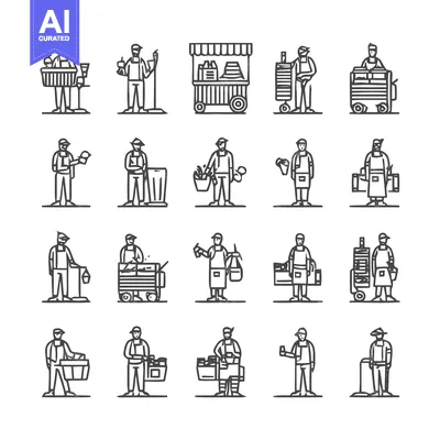 Aset desain premium: Line art illustrations of various vendors and market sellers.
