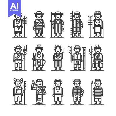 Aset premium populer: Line Art Illustrations of Various People in Different Outfits.