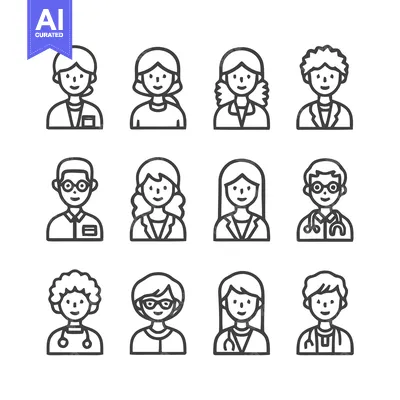 Premium design asset: Diverse Line Art Portraits of Professionals and Doctors.