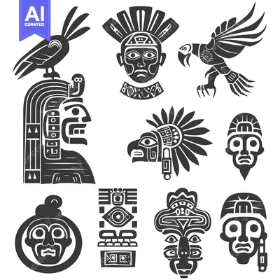 Aset desain premium: Collection of Stylized Ancient Mayan Art Designs with Faces and Birds