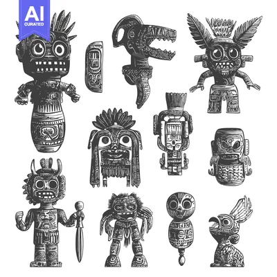 Aset desain premium: Collection of Stylized Ancient Mayan or Aztec Figurines