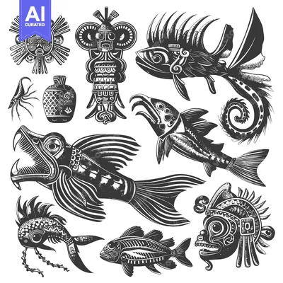 Aset desain premium: Collection of Stylized Aztec Fish and Masks