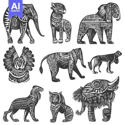 Premium design asset: Collection of stylized black and white illustrations of animals with i