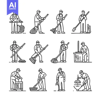 Aset premium populer: Cleaning Crew - A Collection of Line Art Illustrations.