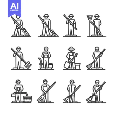 Aset desain premium: Cleaning Crew Icon Set - A Collection of Janitorial Workers.