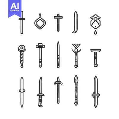 Aset desain premium: Collection of Sword and Weapon Icons in Outline Style