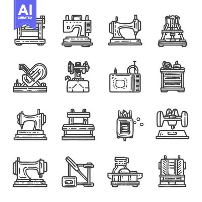 Aset desain premium: Collection of various sewing machine icons in a linear style.