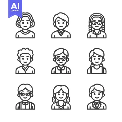 Aset desain premium: Diverse Line Art Portraits - A Collection of People Icons.