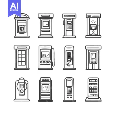 Aset premium populer: Collection of Telephone Booths and Kiosks in Line Art Style.