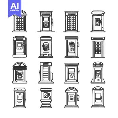 Aset desain premium: Collection of Telephone Booths - Vintage Communication Icons.