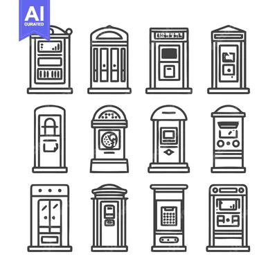 Aset desain premium: Collection of Minimalist Vector Illustrations of Various Public Phone