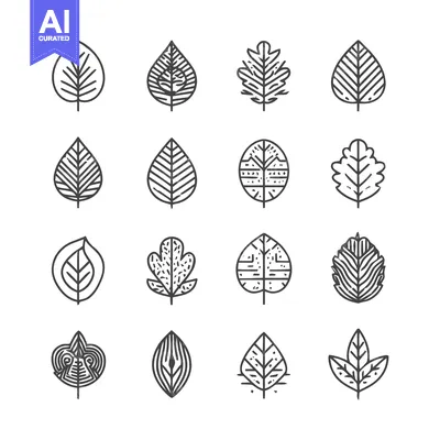 Aset premium populer: Minimalist Leaf Icons - A Collection of Botanical Line Art.