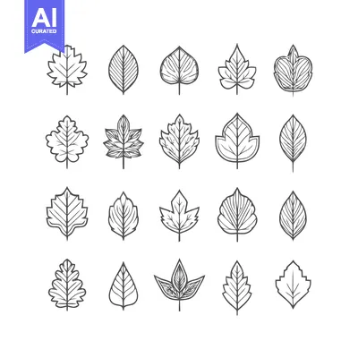 Aset premium populer: Collection of various detailed leaf illustrations in black and white.