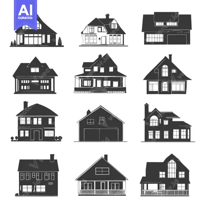 Aset premium populer: Collection of Ten Black and White House Silhouettes