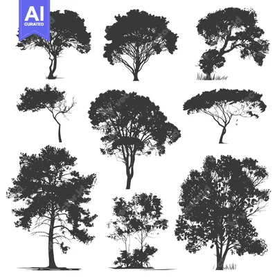 Aset premium populer: Collection of Ten Detailed Tree Silhouettes on White Background