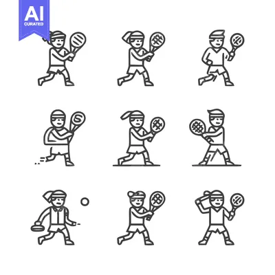 Aset desain premium: Tennis players in action, simple line art illustrations, sports theme.