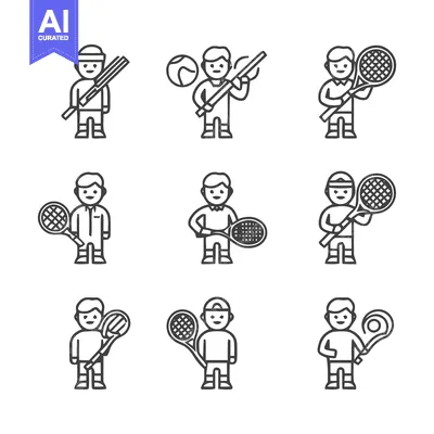 Tennis player icons set, various poses and equipment.