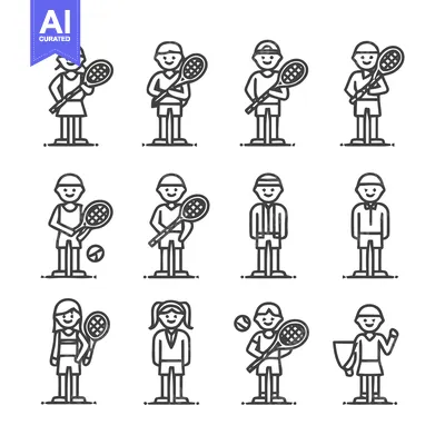 Tennis players in various poses, line art illustration.