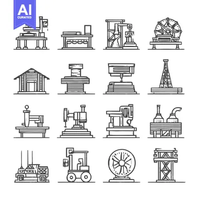 Aset desain premium: Industrial Machinery Icons - A Detailed Collection of Equipment.