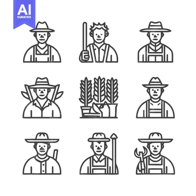 Aset desain premium: Farmers and Agriculture Icons - A Collection of Line Art Illustrations