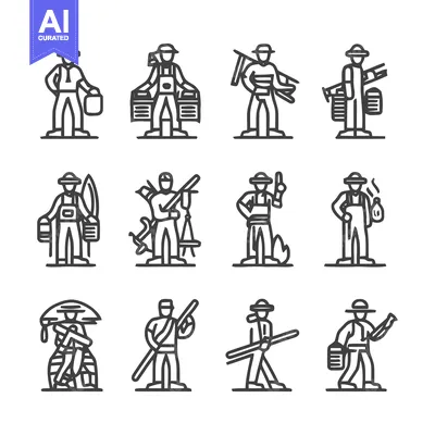 Aset desain premium: Diverse Line Art Illustrations of Various Professions and Occupations.