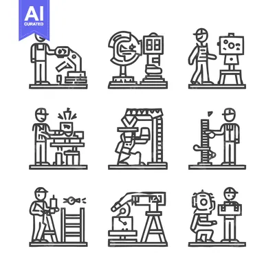 Aset desain premium: Construction Workers at Work - A Detailed Line Art Illustration.