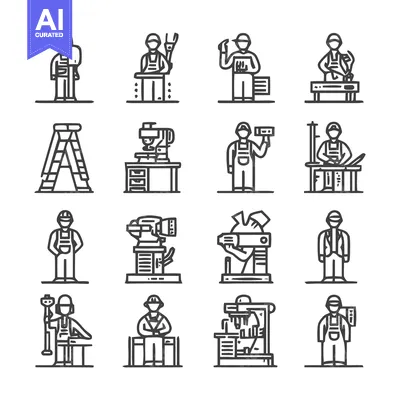 Aset premium populer: Construction Workers and Tools - A Detailed Line Art Collection.