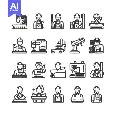 Premium design asset: Diverse Industrial Workers and Machinery Icons - A Comprehensive Colle