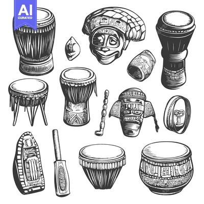 Aset desain premium: Collection of Traditional Musical Instruments and Ornaments