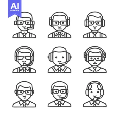 Aset premium populer: Customer service representatives with headsets and glasses in a grid.