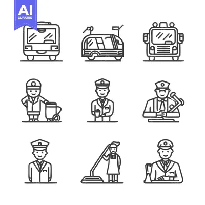 Aset premium populer: Transportation and Occupations - A Collection of Line Art Icons.