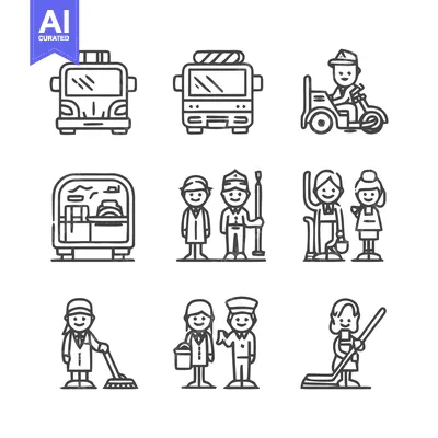 Premium design asset: Collection of Line Art Icons Depicting Various Professions and Vehicle