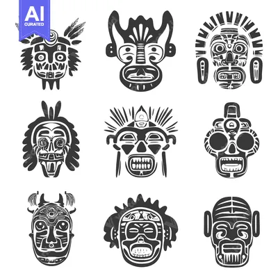 Aset desain premium: Collection of Tribal Masks with Geometric Patterns