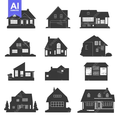 Aset desain premium: Collection of Twelve Black Silhouettes of Houses with Varying Architec