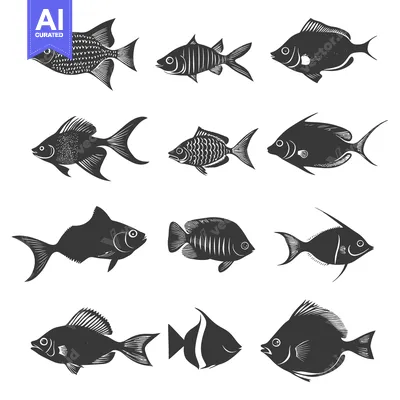 Collection of Twelve Detailed Black and White Fish Silhouettes