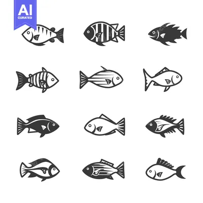 Aset desain premium: Collection of Twelve Different Fish Illustrations in Black and White