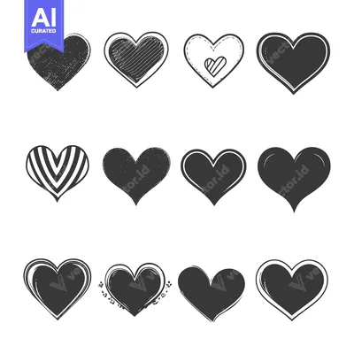 Premium design asset: Collection of Twelve Hand-Drawn Black and White Hearts