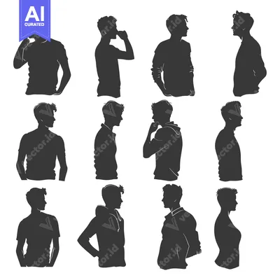 Aset desain premium: Collection of twelve male silhouettes in various poses and clothing st