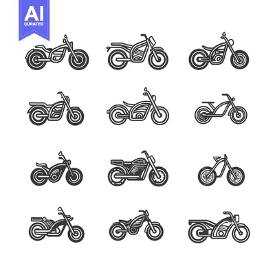 Premium design asset: Collection of twelve motorcycle illustrations in black and white