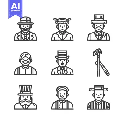 Aset premium populer: Collection of people icons with different hats and outfits.