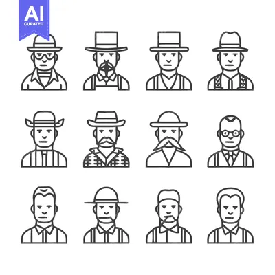 Aset premium populer: Line art portraits of diverse men with hats and attire.