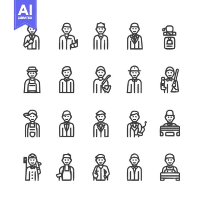 Premium design asset: Diverse Line Art Icons Depicting Various Professions and Occupations.