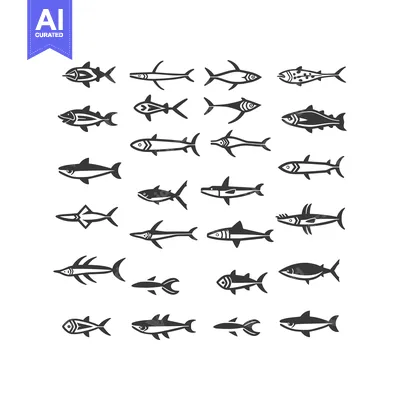 Aset desain premium: Collection of Various Black and White Fish Illustrations