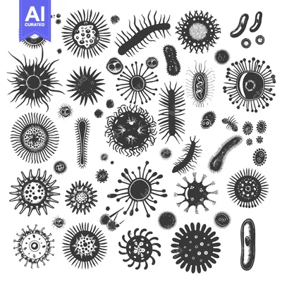 Aset premium populer: Collection of Various Black and White Microorganisms