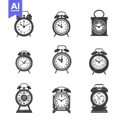 Aset desain premium: Collection of Various Clock and Alarm Clock Silhouettes