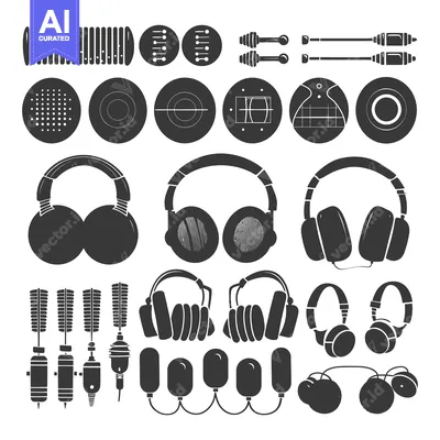 Aset desain premium: Collection of Various Headphone and Microphone Designs in Silhouette