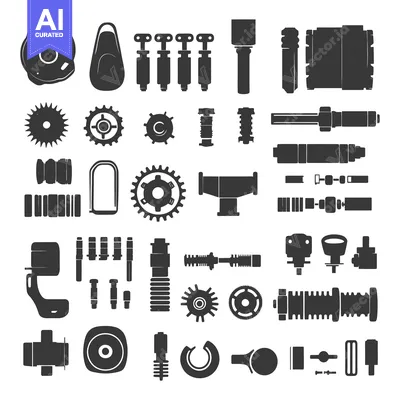 Premium design asset: Collection of Various Mechanical Parts in Black Silhouettes